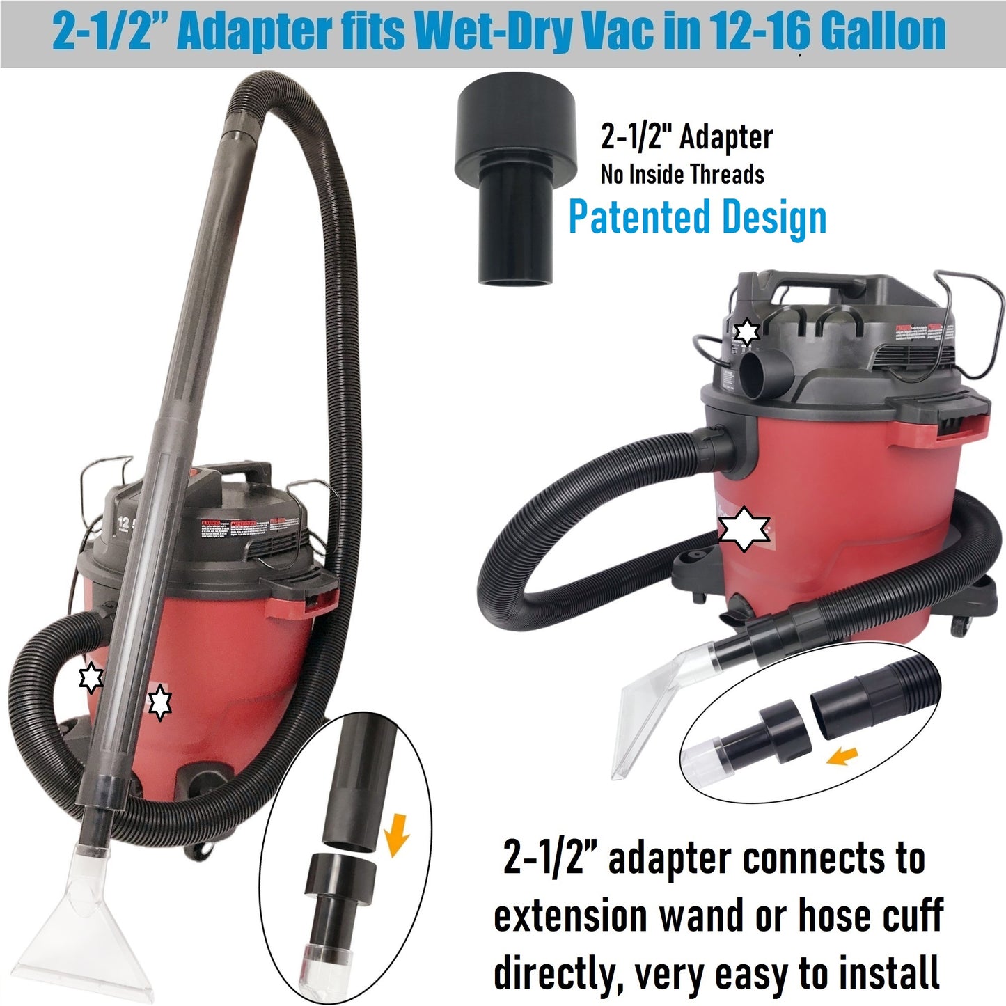 Fits All Shop Vacs Large 7-1/2" and Small 3-1/2" Width Clear Heads with Three Adapters 2-1/2"&1-7/8" &1-1/4" for Upholstery & Carpet Cleaning and Auto Detailing