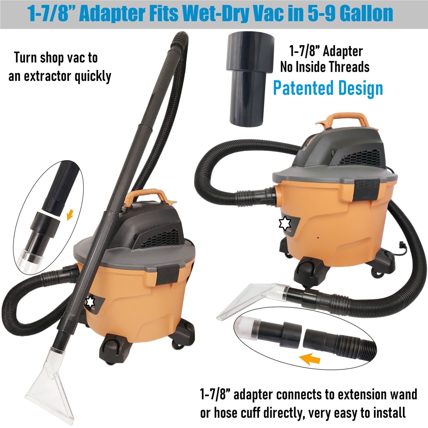 Fits All Shop Vacs Large 7-1/2" and Small 3-1/2" Width Clear Heads with Three Adapters 2-1/2"&1-7/8" &1-1/4" for Upholstery & Carpet Cleaning and Auto Detailing