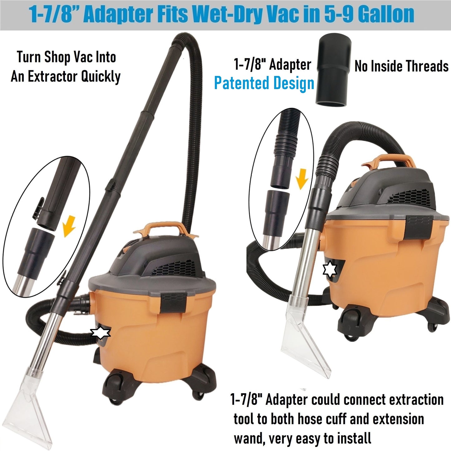 Fits All Shop Vacs Extractor tool Large 7-1/2" and Small 3-1/2" Clear Heads with Three Adapters 2-1/2" & 1-7/8" &1-1/4" for Upholstery & Carpet Cleaning and Auto Detailing
