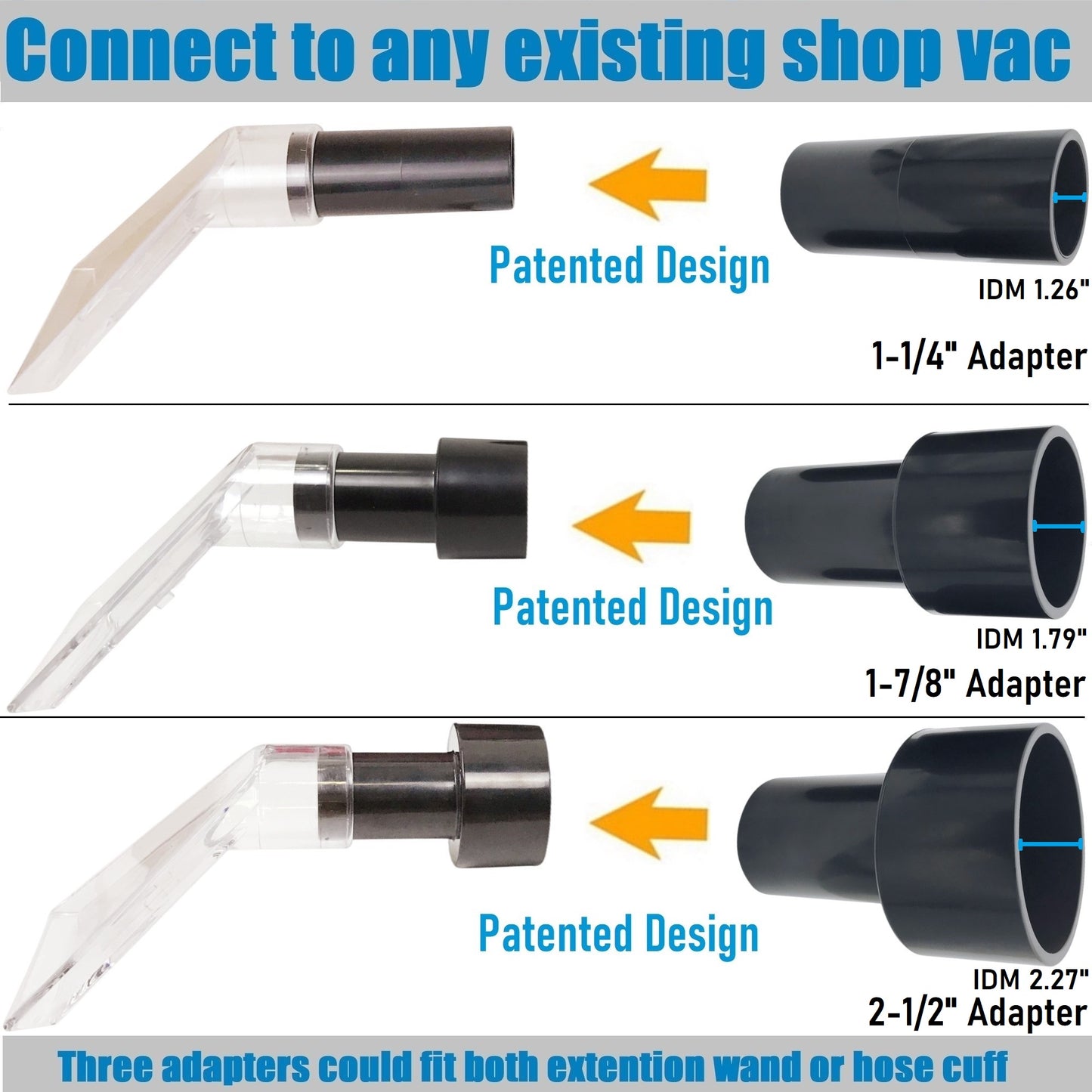 No.1 Fits All Shop Vacs Small 3-1/2" Width Clear Head with Three Adapters 2-1/2"&1-7/8" &1-1/4" for Upholstery & Carpet Cleaning and Auto Detailing