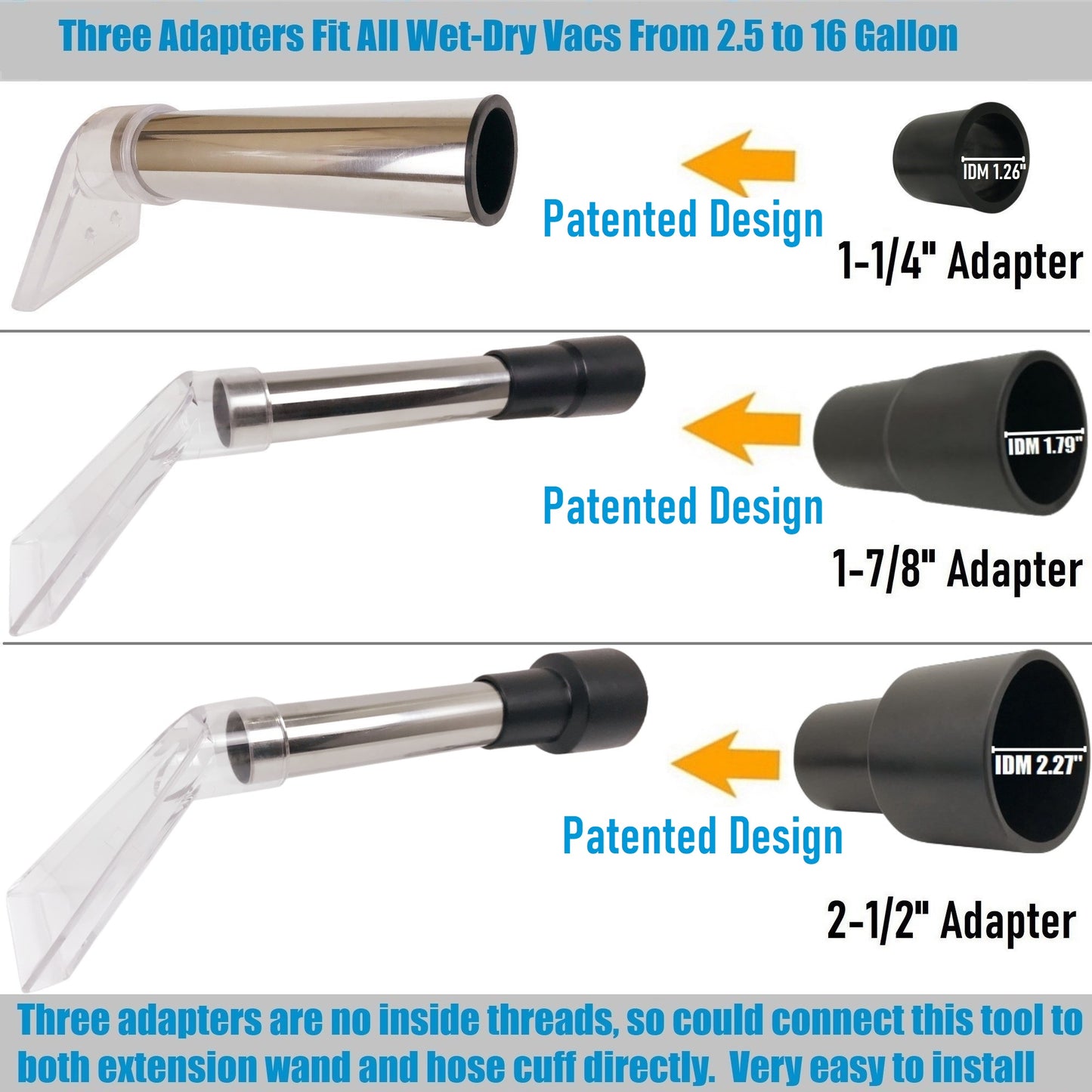 No.3 Fits All Shop Vacs Small Extractor tool with Three Adapters 2-1/2" & 1-7/8" &1-1/4" and with 3-1/2" Clear Head for Upholstery & Carpet Cleaning and Auto Detailing