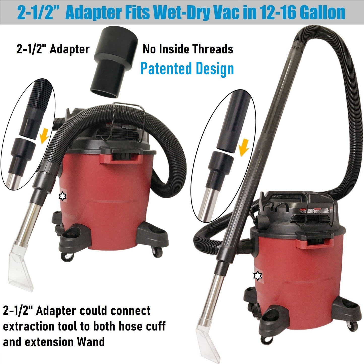No.3 Fits All Shop Vacs Small Extractor tool with Three Adapters 2-1/2" & 1-7/8" &1-1/4" and with 3-1/2" Clear Head for Upholstery & Carpet Cleaning and Auto Detailing
