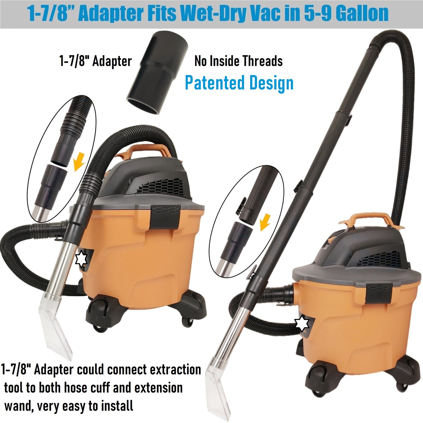 No.3 Fits All Shop Vacs Small Extractor tool with Three Adapters 2-1/2" & 1-7/8" &1-1/4" and with 3-1/2" Clear Head for Upholstery & Carpet Cleaning and Auto Detailing