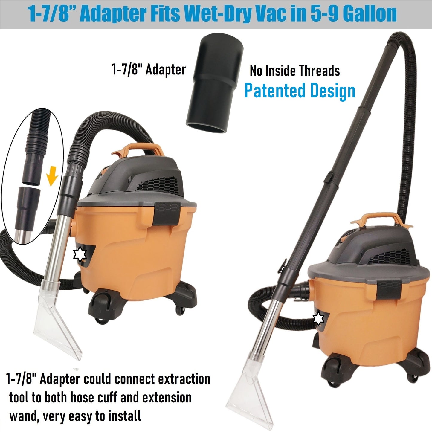 NO.4 Fits All Shop Vacs Large Extractor tool with Three Adapters 2-1/2" & 1-7/8" &1-1/4" and with 7-1/2" Clear Head for Upholstery & Carpet Cleaning and Auto Detailing